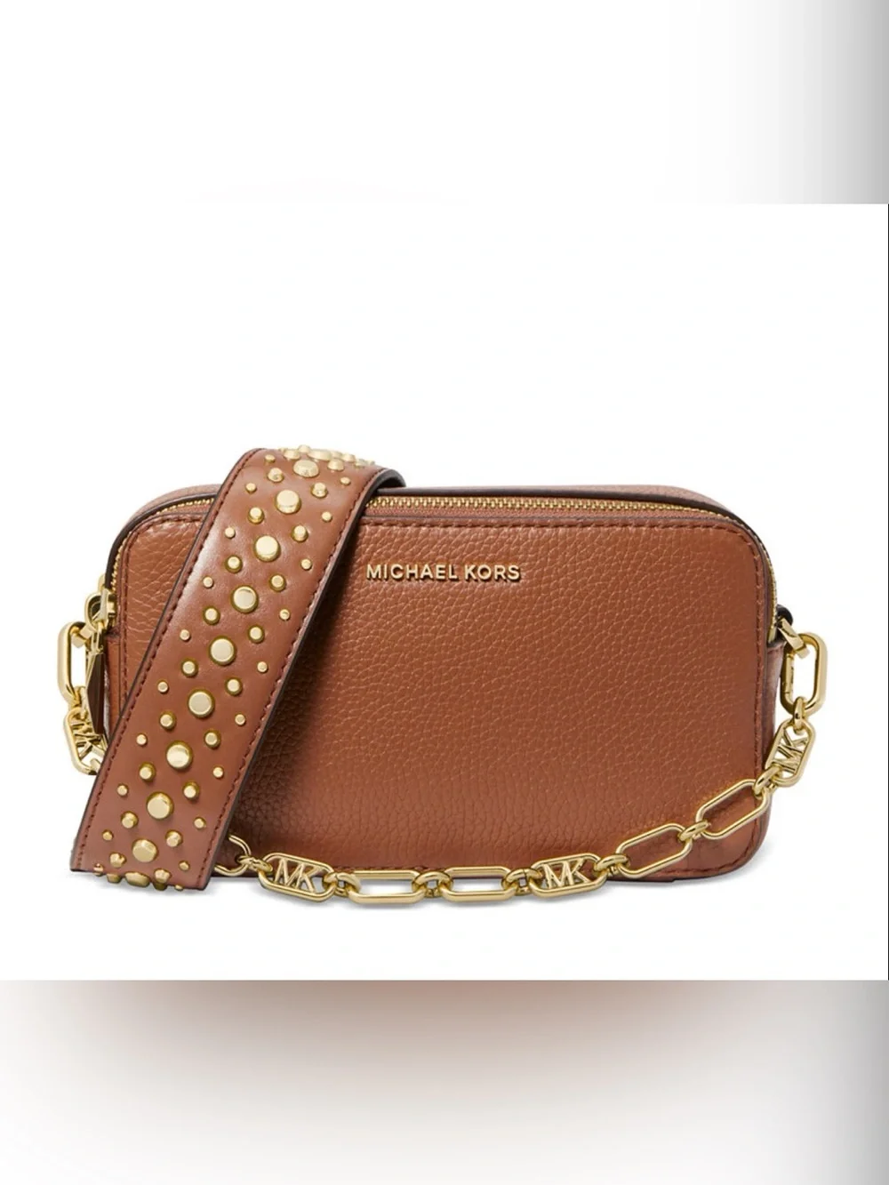 Michael Kors Pebbled Leather Double Zip Camera Crossbody Bag Studded Strap